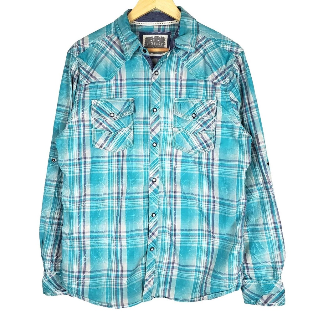 BKE Vintage Standard Fit Pearl Snap Button Shirt Mens Medium Blue Long Sleeves